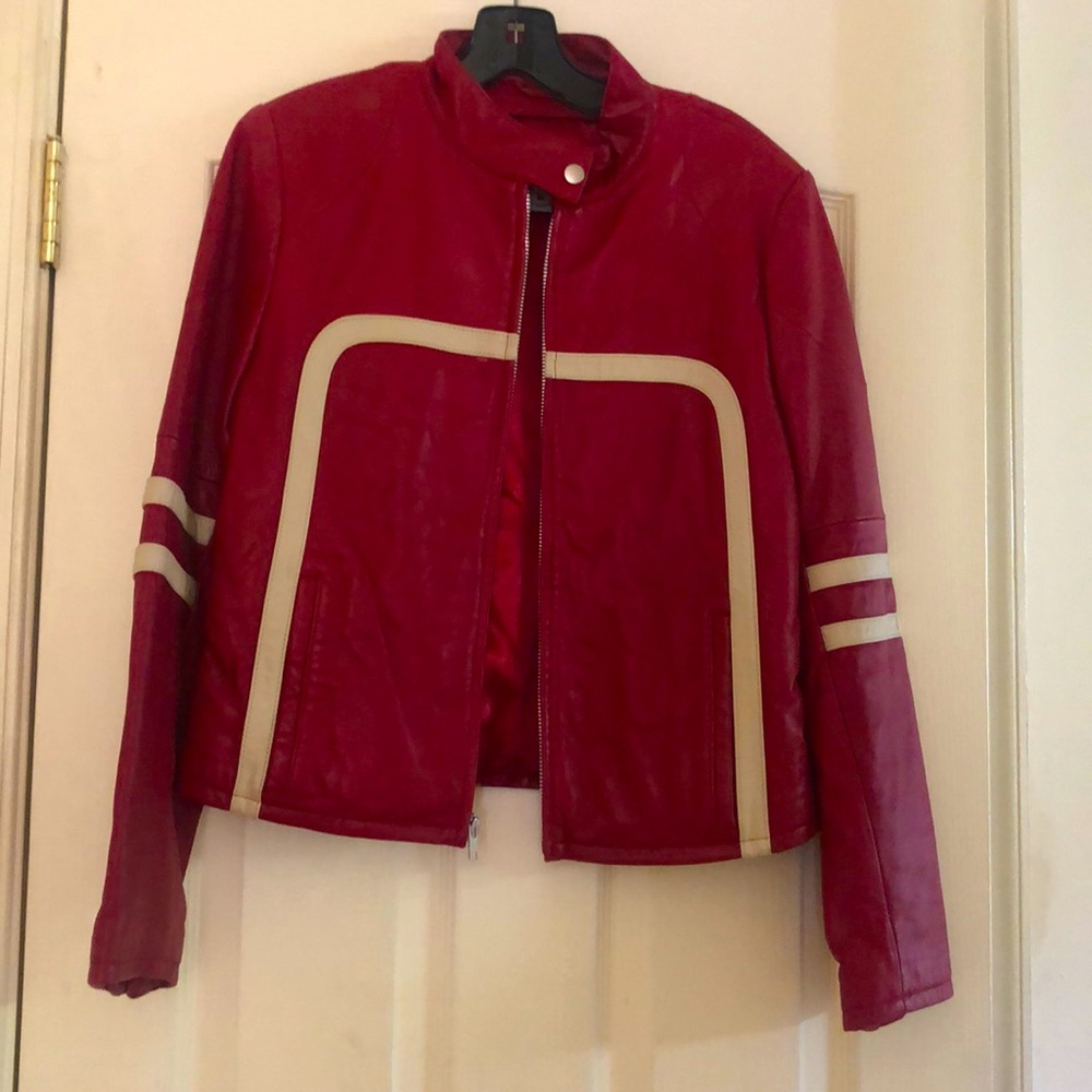 Red leather jacket.